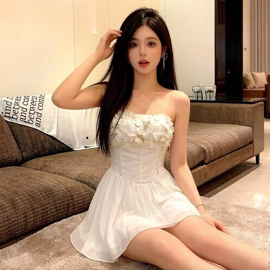 실사 프랑스식 빛 럭셔리 3 차원 꽃 튜브탑 작은 미니 스커트 여름 패션 달콤함 망사 휴가 해변 드레스 상세 이미지 14