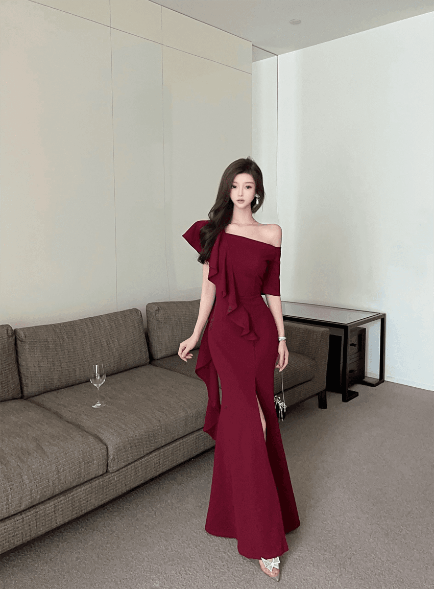 실사 이브닝 드레스 여성 품격 고급 센스 빛 럭셔리 작은 대중 드레스 생일 슬림해 보이는 롱 스커트 연례 회의 일상 웨어러블 상세 이미지 1