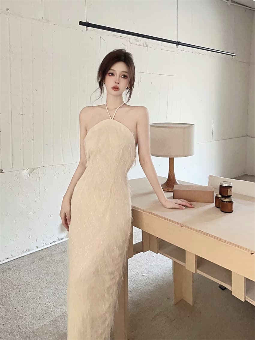 실사 그는 벤 바람 프랑스식 가스 질감 빛 럭셔리 모피 술 이브닝 드레스 여름 품격 행침 목 슬립 드레스 상세 이미지 6