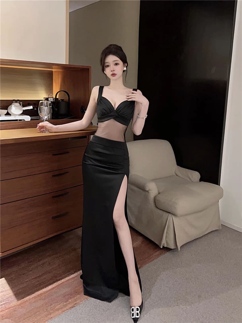 실사 여름 낮은 가슴 섹시함 슬립 이브닝 드레스 시스루 슬림해 보이는 홍보 도보 보여주기 롱 스커트 클럽 하우스 ktv 일 드레스 상세 이미지 3