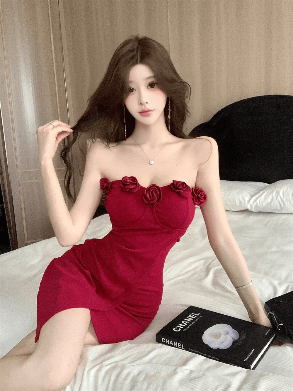 실사 섹시함 타이트 스커트 3 차원 꽃 튜브탑 불규칙 미니 스커트 여성 여름 핫걸 패션 바람 허리 수축 드레스 상세 이미지 10