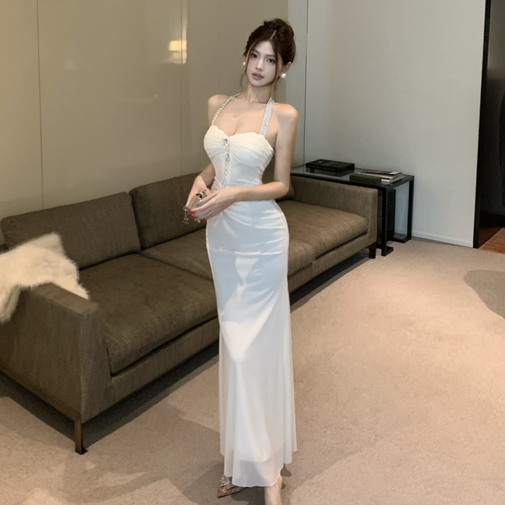 실사 고급 센스 명문 여성 무거운 작업 훈련 민소매 행침 목 예복 치마 빛 럭셔리 섹시함 인어 꼬리 백리스 품격 드레스 상세 이미지 4