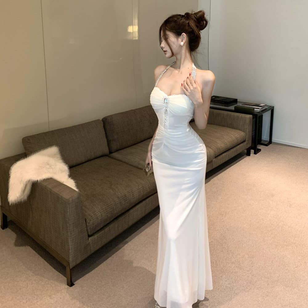 실사 고급 센스 명문 여성 무거운 작업 훈련 민소매 행침 목 예복 치마 빛 럭셔리 섹시함 인어 꼬리 백리스 품격 드레스 상세 이미지 5