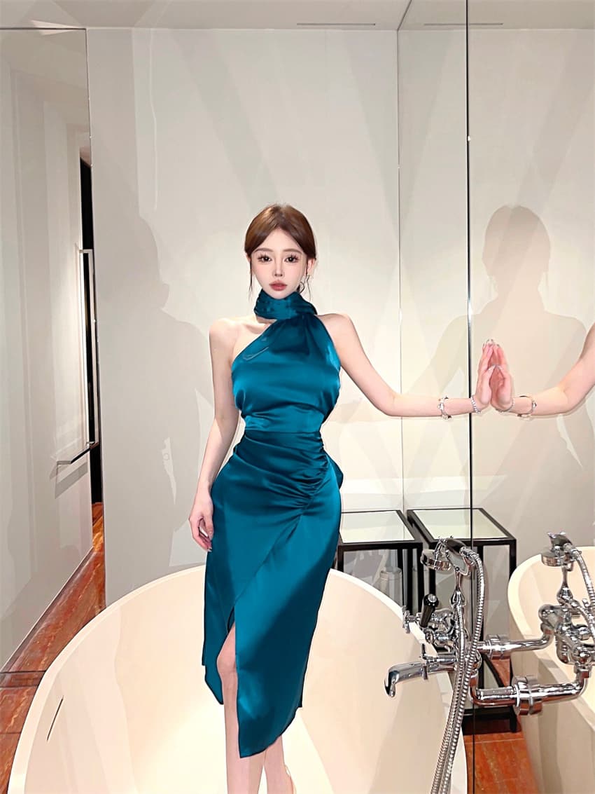 실사 한국 스타일 작은 대중 Chic 숄더백 리본 작은 심장 기계 하이웨이스트 슬림해 보이는 트임 불규칙 몸매 가꾸기 여성 드레스 상세 이미지 9