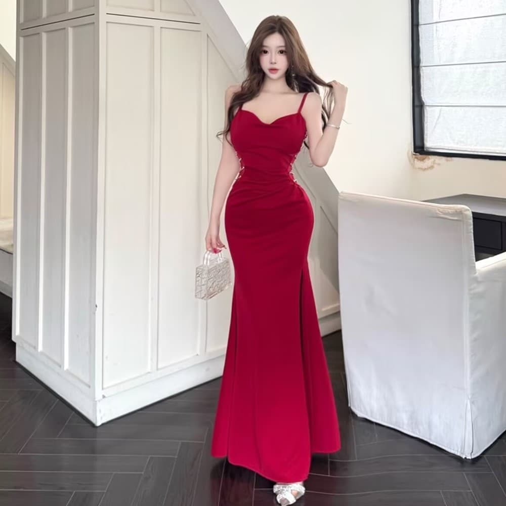 실사 이브닝 드레스 고급 센스 빛 럭셔리 작은 대중 연회 시스루 다이아몬드 세팅 이슬 허리 섹시함 슬립 롱 코트 몸매 가꾸기 치마 상세 이미지 1