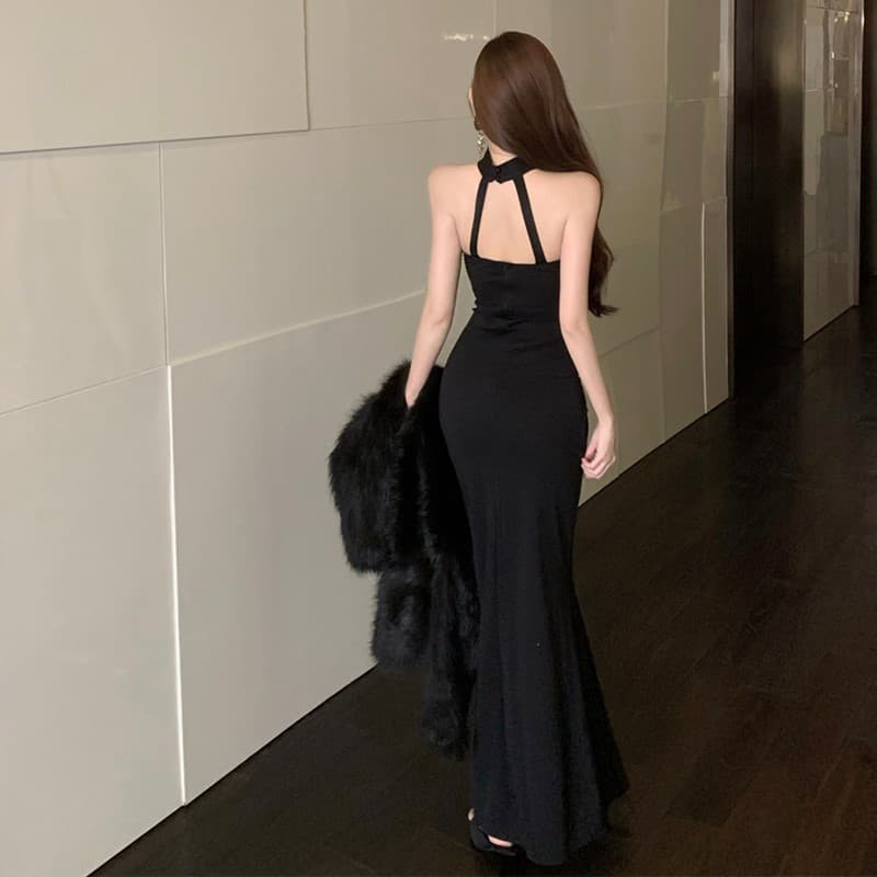 실사 명문 여성 품격 검정색 튜브탑 행침 목 레이스 측면 예복 치마 섹시함 백리스 타이트 트임 드레스 상세 이미지 7