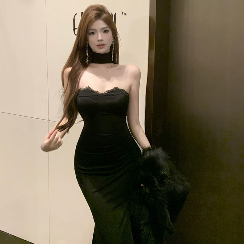 실사 명문 여성 품격 검정색 튜브탑 행침 목 레이스 측면 예복 치마 섹시함 백리스 타이트 트임 드레스 상세 이미지 14