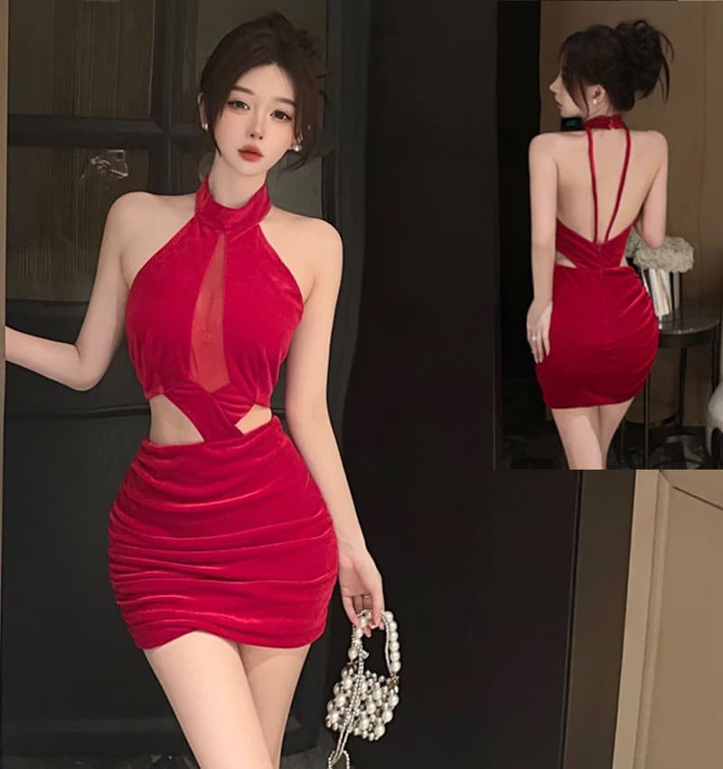 실사 섹시함 백리스 이슬 허리 주름 장식 타이트 스커트 행침 목 미니 스커트 가을 겨울 프랑스식 망사 홀로우 아웃 디자인 센스 드레스 이미지 3