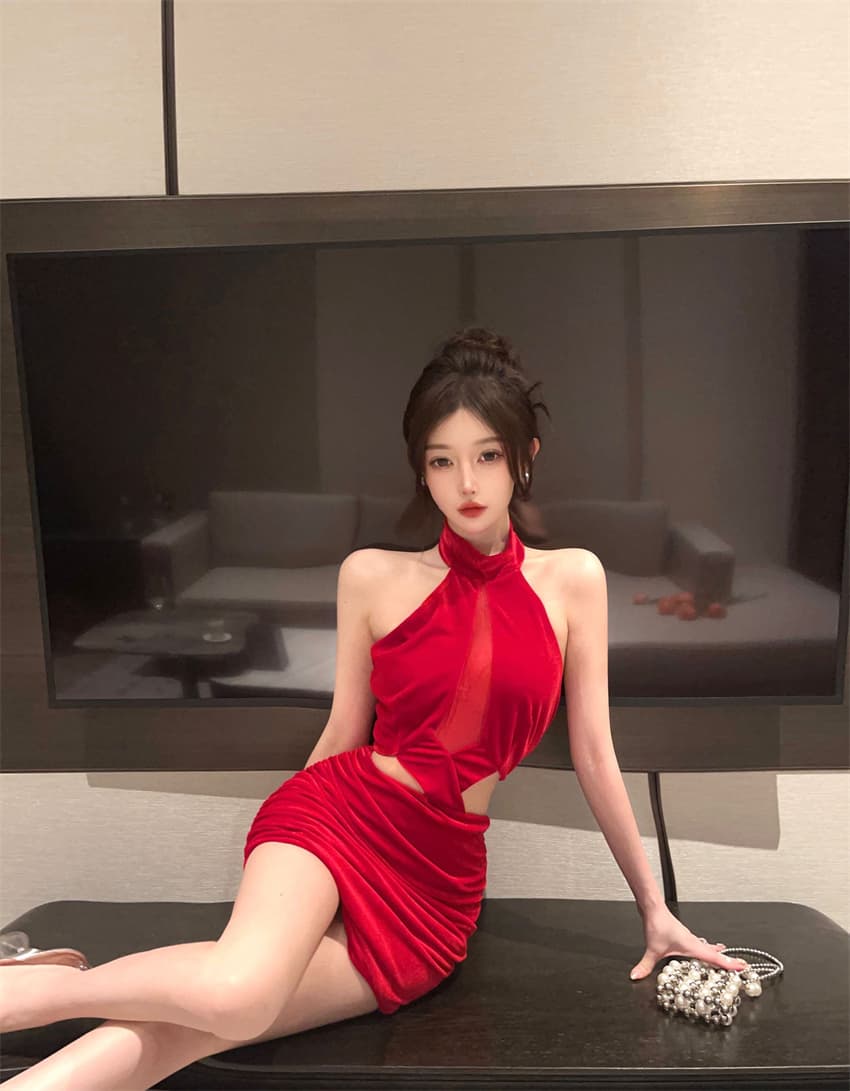 실사 섹시함 백리스 이슬 허리 주름 장식 타이트 스커트 행침 목 미니 스커트 가을 겨울 프랑스식 망사 홀로우 아웃 디자인 센스 드레스 상세 이미지 12