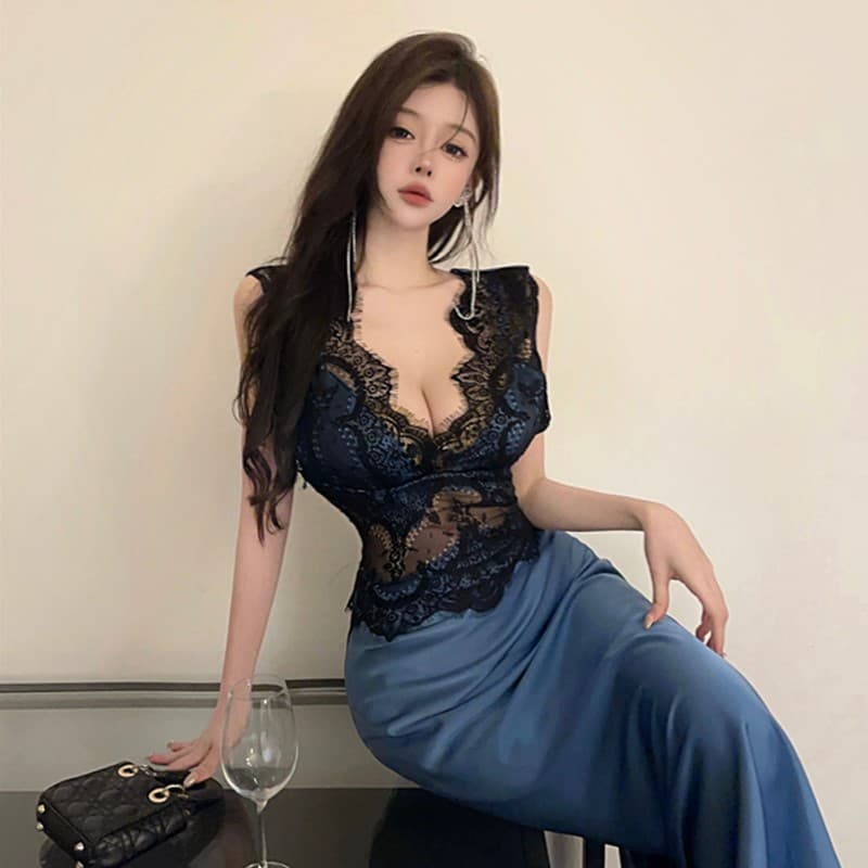 실사 품격 고급 센스 명문 여성 레이스 조각 새틴 예복 치마 여성 섹시함 홀로우 아웃 V넥 롱 코트 드레스 이미지 5