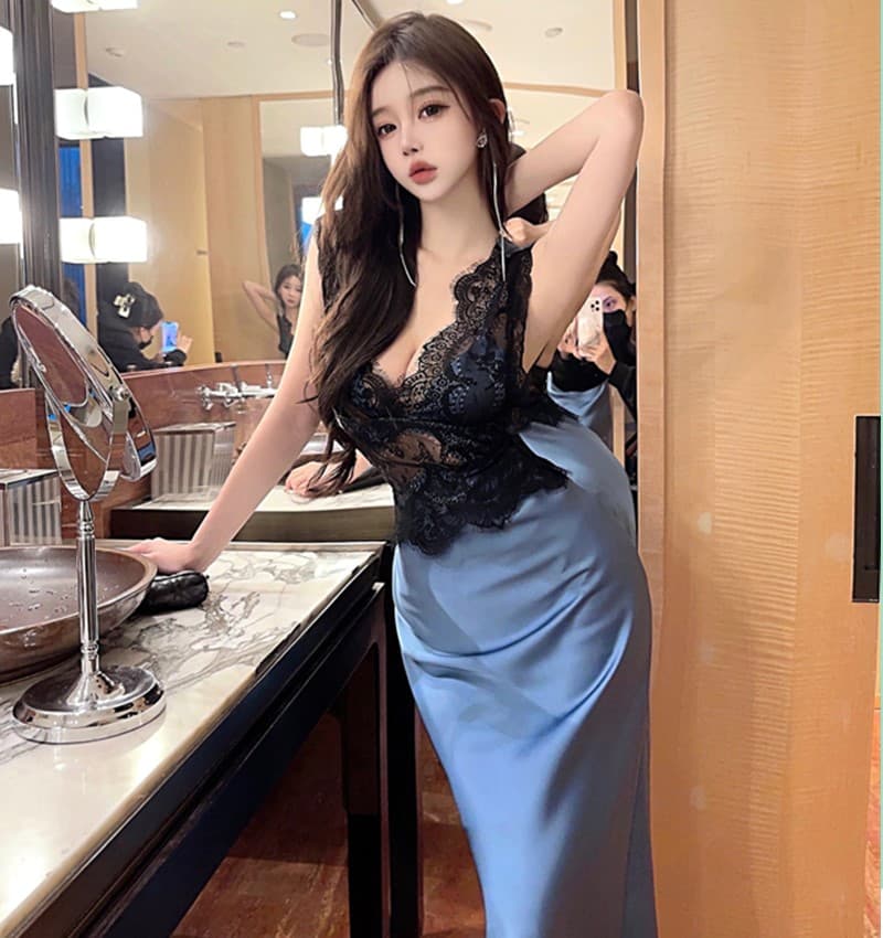 실사 품격 고급 센스 명문 여성 레이스 조각 새틴 예복 치마 여성 섹시함 홀로우 아웃 V넥 롱 코트 드레스 상세 이미지 7