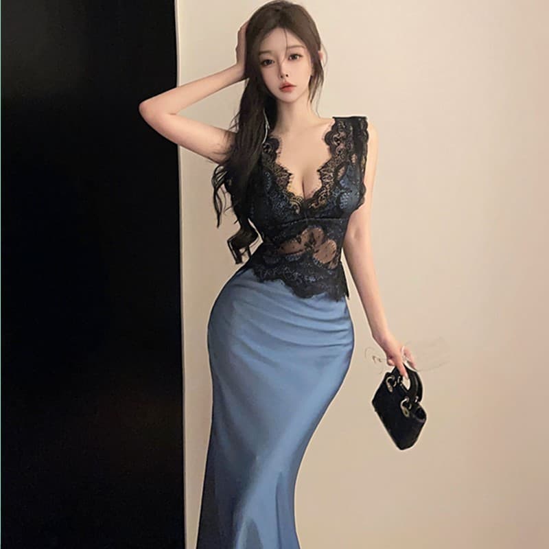 실사 품격 고급 센스 명문 여성 레이스 조각 새틴 예복 치마 여성 섹시함 홀로우 아웃 V넥 롱 코트 드레스 상세 이미지 14