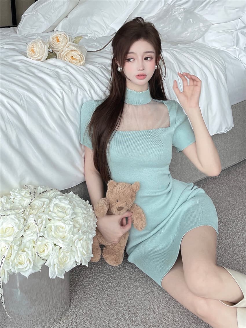 실사 가을 겨울 패션 한국 스타일 단색 미니 스커트 미니멀리즘 시스루 망사 패치워크 니트 반하이넥 반팔 드레스 상세 이미지 9