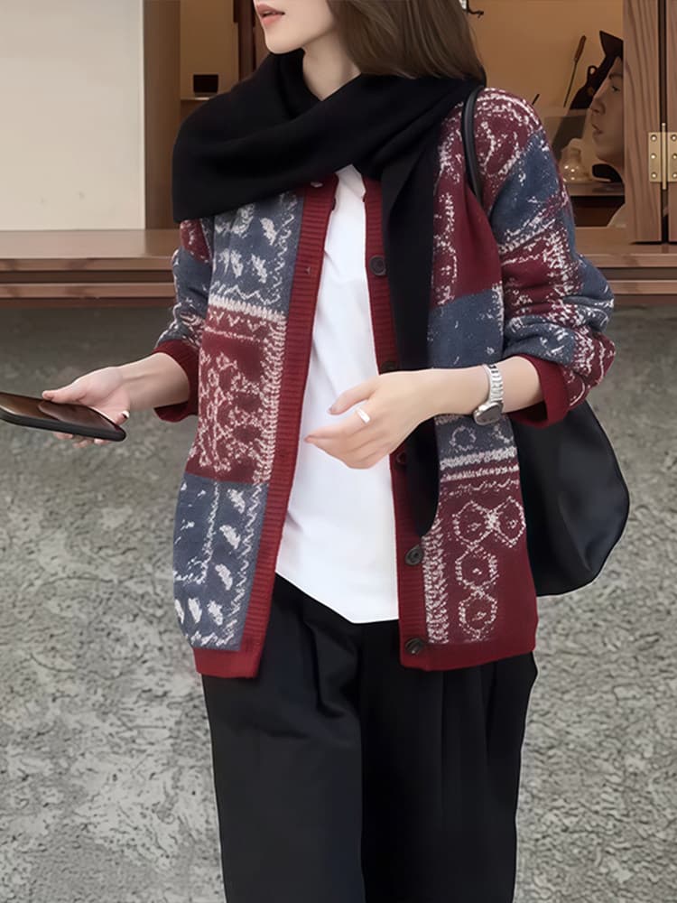 한 부서 빨간색 공정한 섬 자카드 니트 오픈 가디건 여성 가을 겨울 외부 가져 가라. 느긋한 바람 와이드 부드러운 찹쌀 스웨터 코트 상세 이미지 2