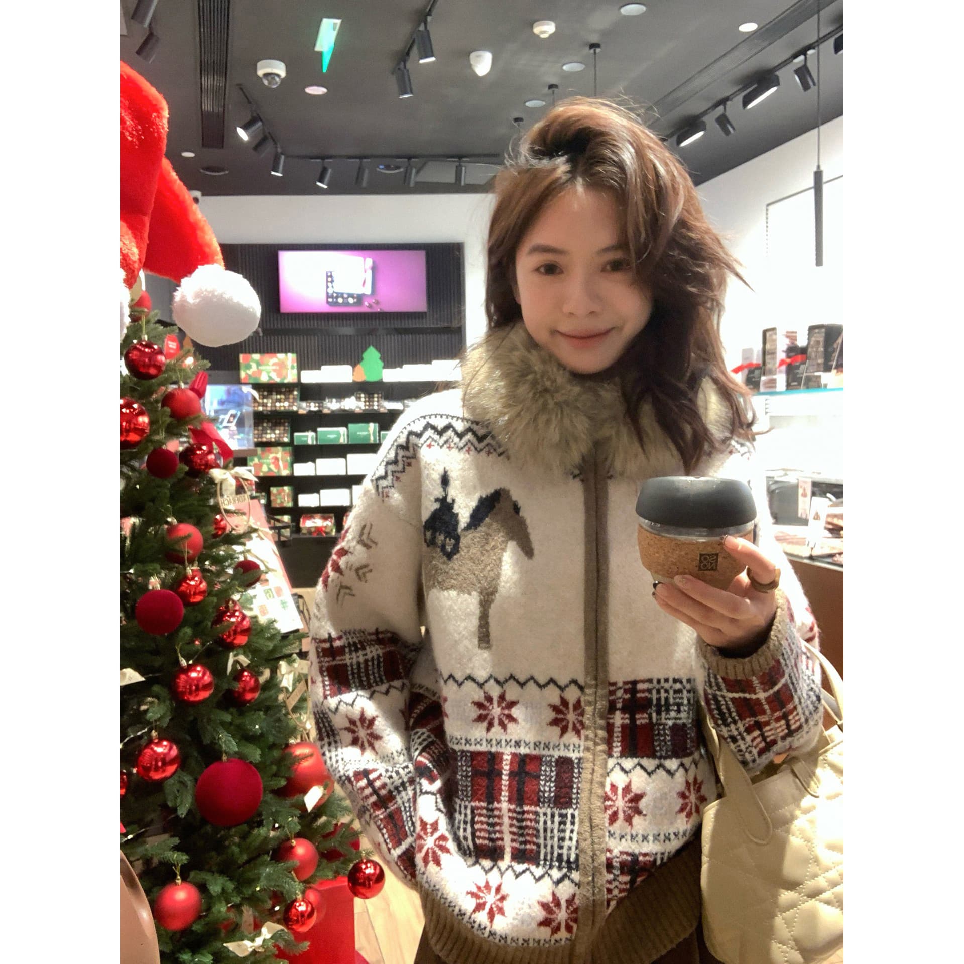 공정한 섬 후드 모피 칼라 긴팔 니트 스웨터 코트 비 품질 문제 환불 불가 변경 없음 상세 이미지 1