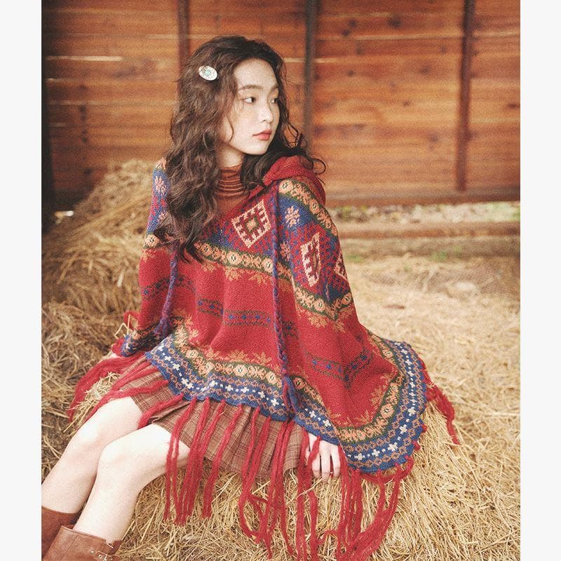 가을 겨울 휴가 티벳 운남 레트로 빨간색 크리스마스 술 후드 망토 보온 자외선 차단 숄 외부 가져 가라. 스웨터 상세 이미지 4