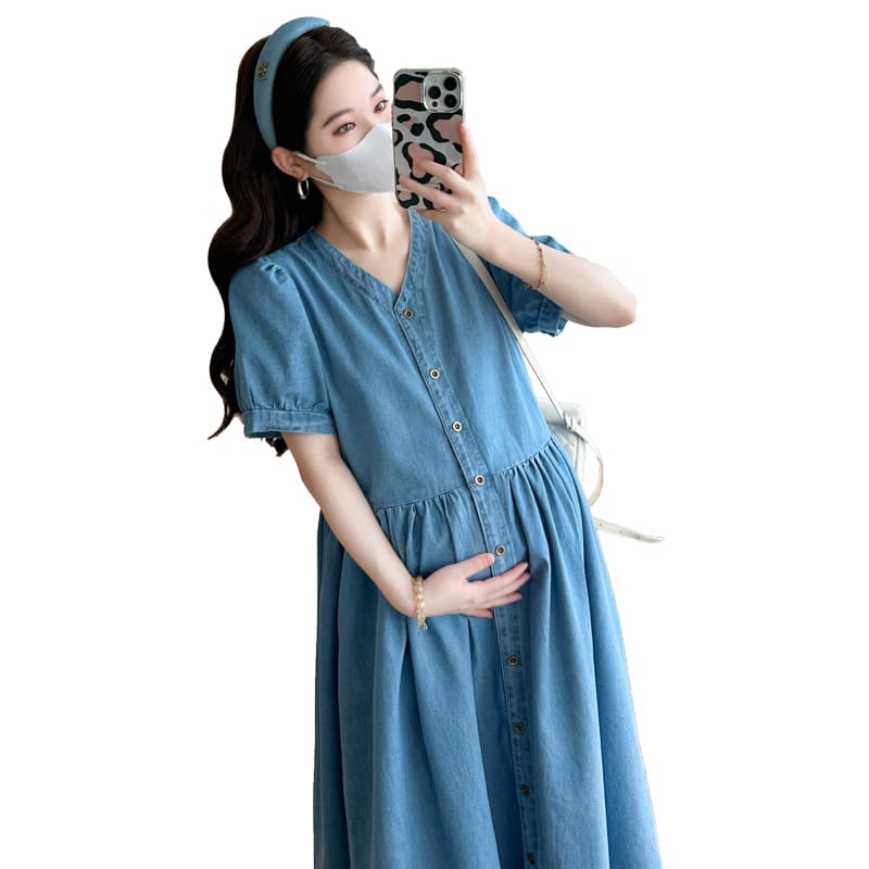 실사 새로운 임산부 여름 드레스 얇은 스타일 대나무 마디 데님 임산부 드레스 수 있습니다. 수유 빅 사이즈 출산 스커트 이미지 6