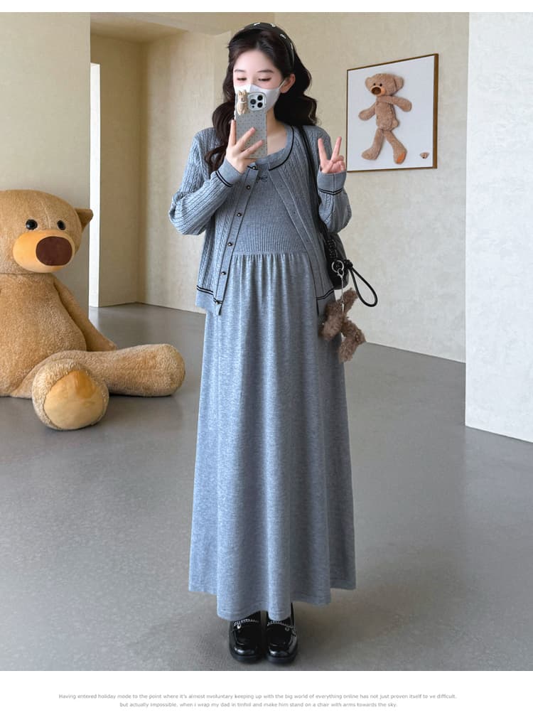 실사 새로운 출산 착용 작은 샤넬 스타일 임산부 투피스 세트 한국 스타일 니트 슬립 드레스 스웨터 오픈 가디건 세트 상세 이미지 20