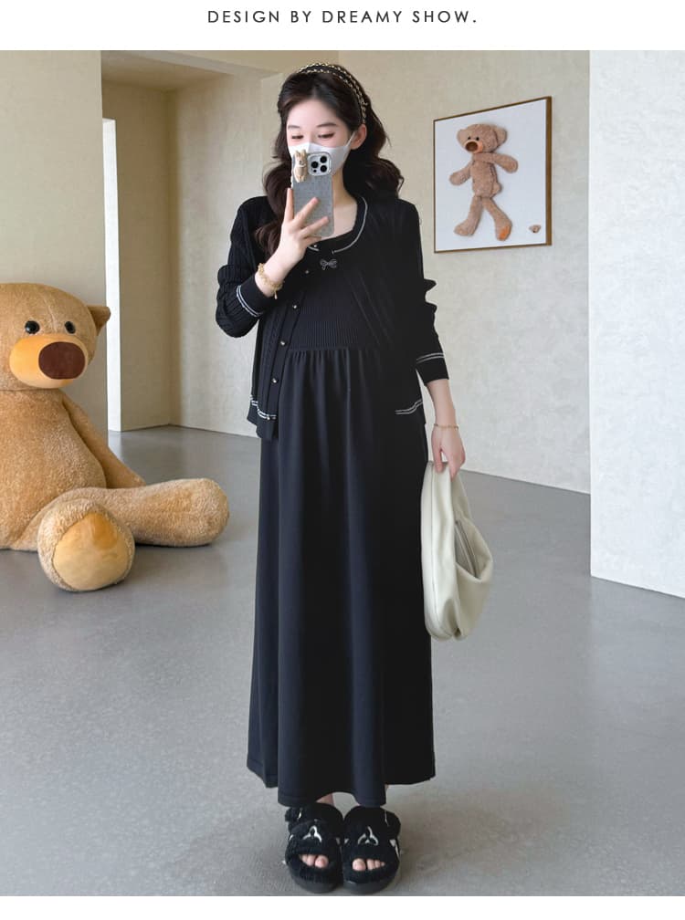 실사 새로운 출산 착용 작은 샤넬 스타일 임산부 투피스 세트 한국 스타일 니트 슬립 드레스 스웨터 오픈 가디건 세트 상세 이미지 37