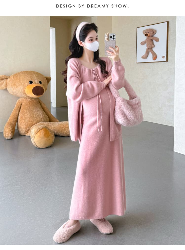 실사 새로운 출산 착용 빅 사이즈 임산부 투피스 세트 니트 임산부 슬립 드레스 스웨터 코트 임산부 세트 상세 이미지 13