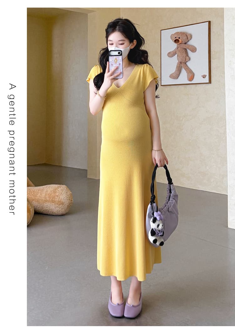 실사 2026 새로운 임산부 여름 드레스 몸매 가꾸기 슬림해 보이는 니트 임산부 드레스 섹시함 V넥 한국 스타일 출산 스커트 상세 이미지 16