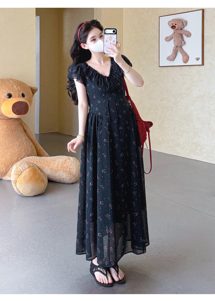 실사 새로운 임산부 여름 드레스 작은 꽃무늬 쉬폰 임산부 드레스 몸매 가꾸기 슬림해 보이는 임산부 작은 검은 드레스 상세 이미지 11