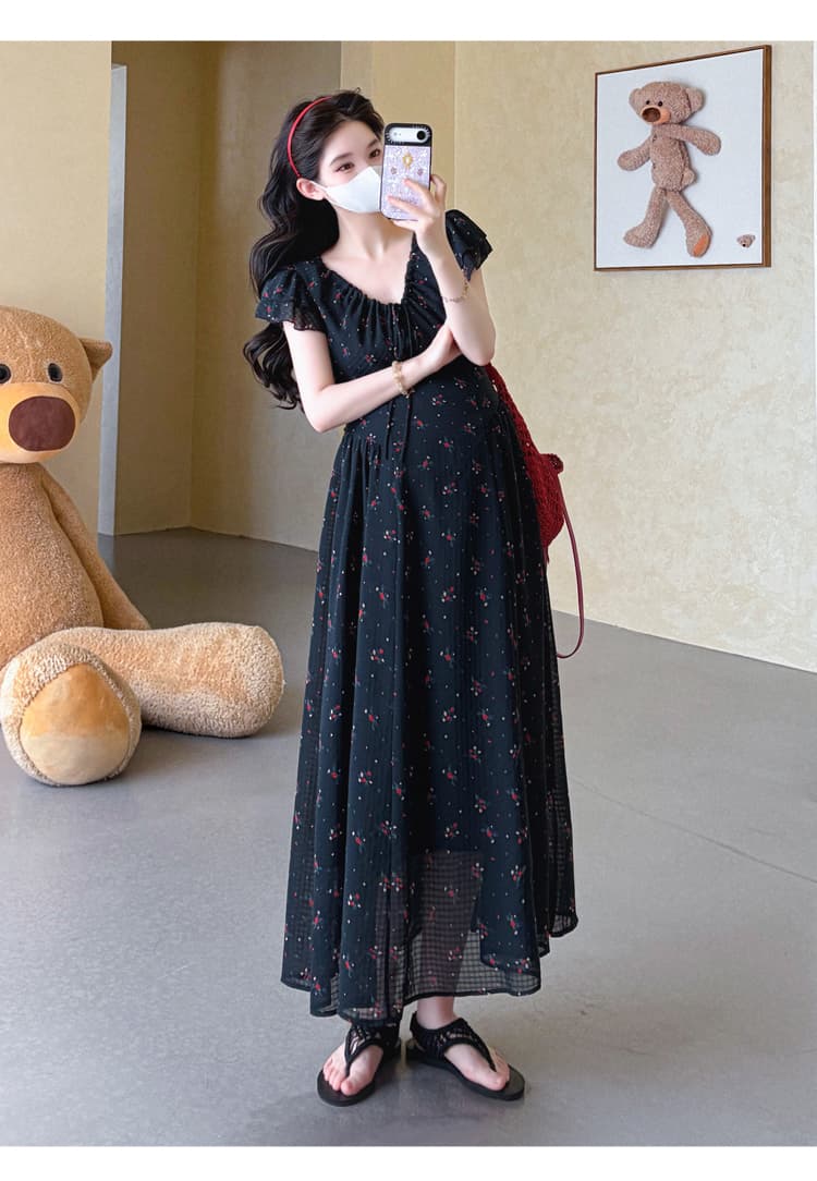 실사 새로운 임산부 여름 드레스 작은 꽃무늬 쉬폰 임산부 드레스 몸매 가꾸기 슬림해 보이는 임산부 작은 검은 드레스 상세 이미지 24