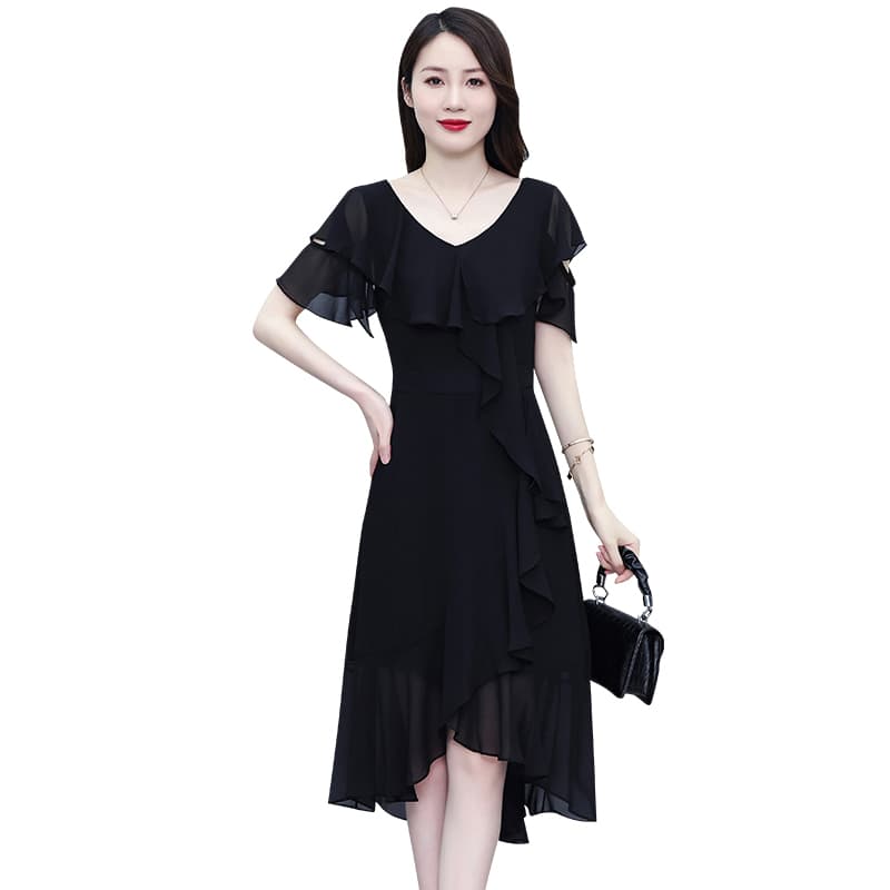 실사 검정색 쉬폰 드레스 여름 드레스 2025 년 새로운 홀로우 아웃 오프숄더 슬림해 보이는 품격 요정 여신 팬 롱 스커트 이미지 6