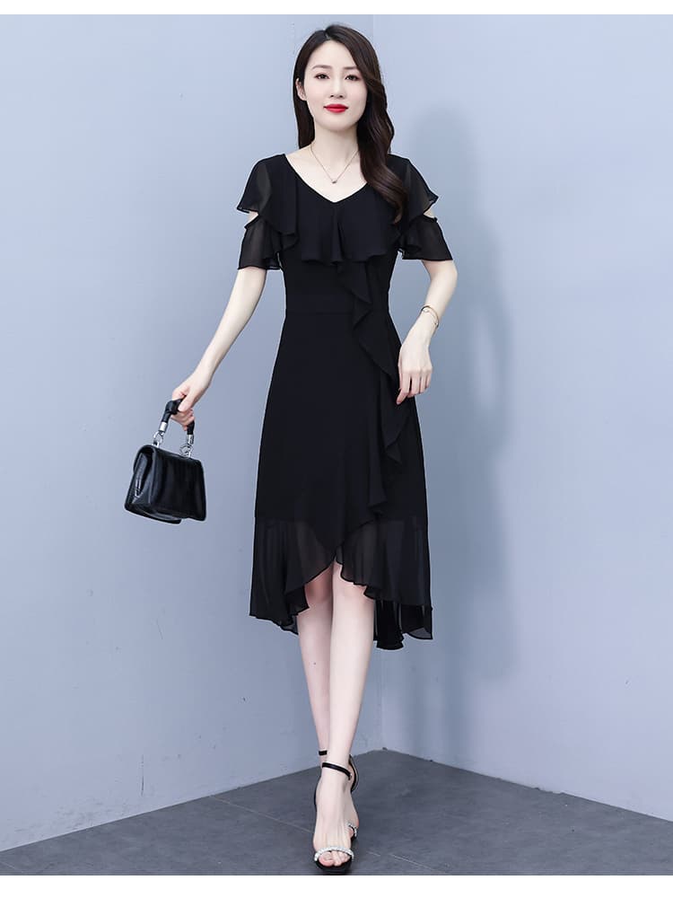 실사 검정색 쉬폰 드레스 여름 드레스 2025 년 새로운 홀로우 아웃 오프숄더 슬림해 보이는 품격 요정 여신 팬 롱 스커트 상세 이미지 24