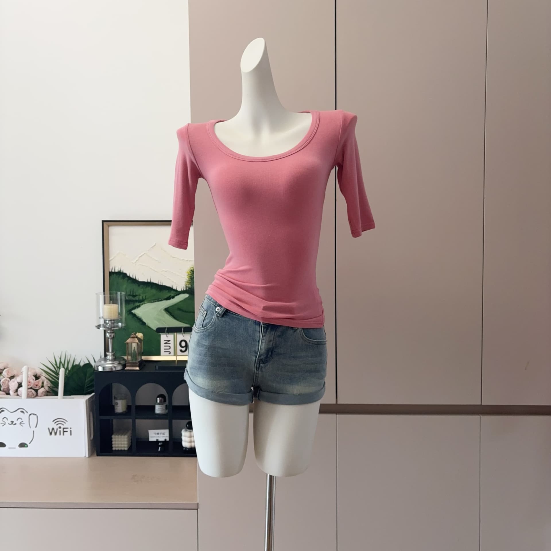 발레 바람 순수한 욕망 u 칼라 슬림해 보이는 5 점 소매 티셔츠 여성 몸매 가꾸기 품격 중간 소매 맨위 상세 이미지 3