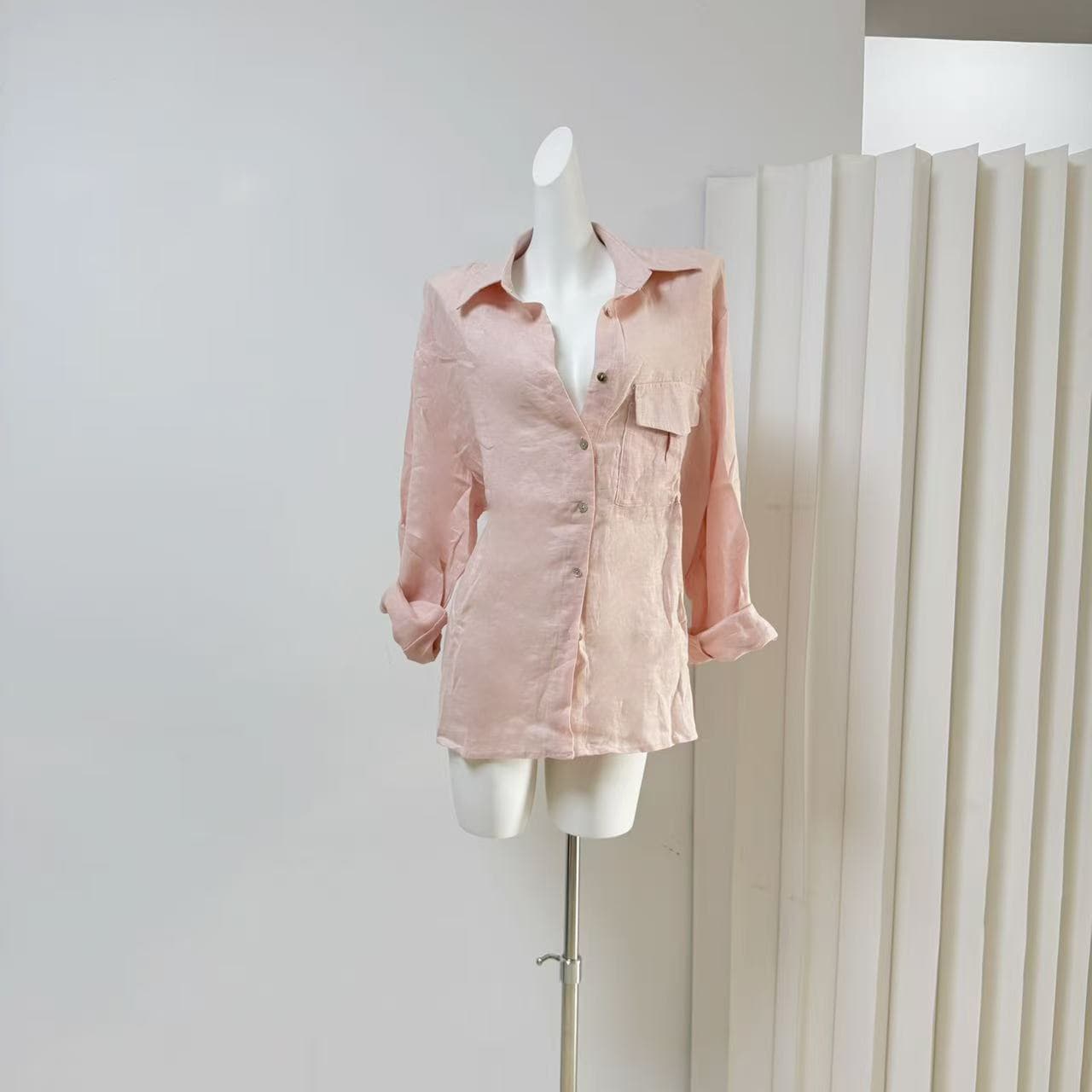 그는 비서 느슨함 센스 핑크색 셔츠 여성 긴 소매 폴로 칼라 다용도 오래된 돈 바람 면 린넨 맨위 느긋한 바람 상세 이미지 1