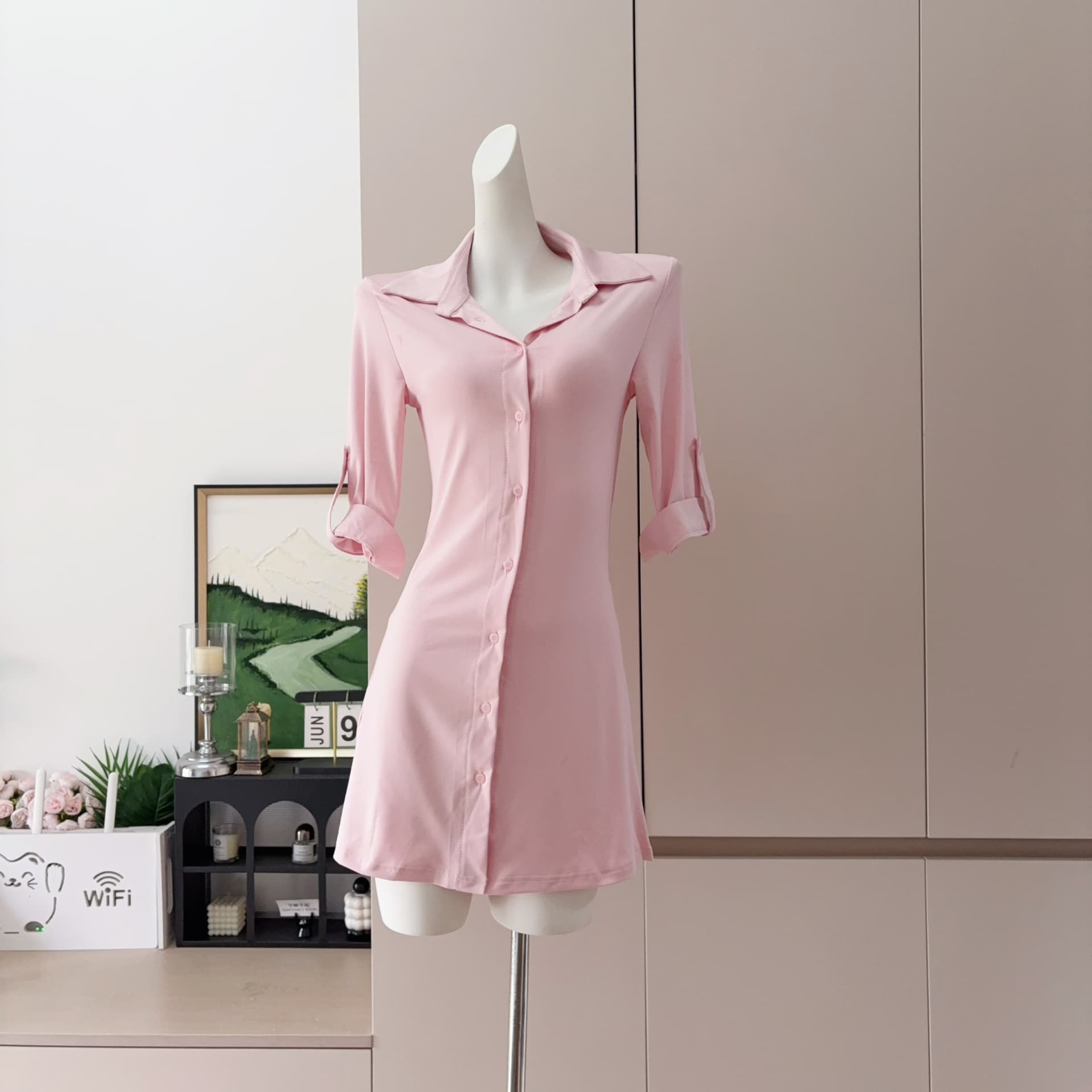 흔들어서 톤 yangzifan 부드러운 핑크색 POLO 칼라 몸매 가꾸기 나팔 소매 여성 드레스 여름 미니 스커트 이미지 3