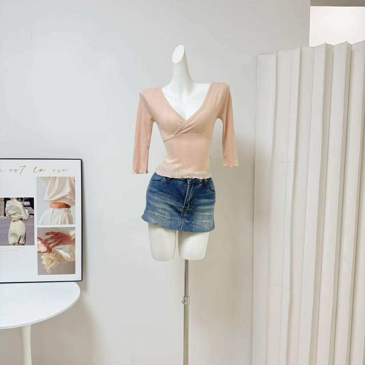 yookson 빛 산소 soft 아름다움 센스 한 부서 부드러운 십자가 칼라 웨이브 측면 몸매 가꾸기 중간 소매 맨위 상세 이미지 2