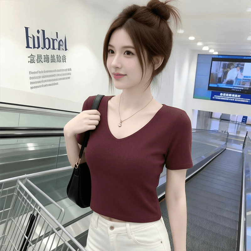 와인 레드 대 네클라인 반팔 티셔츠 여성 여름 작은 키 고급 유럽 상품 외국 가스 쇼트 스타일 니트 얼음 실크 맨위 이미지 4