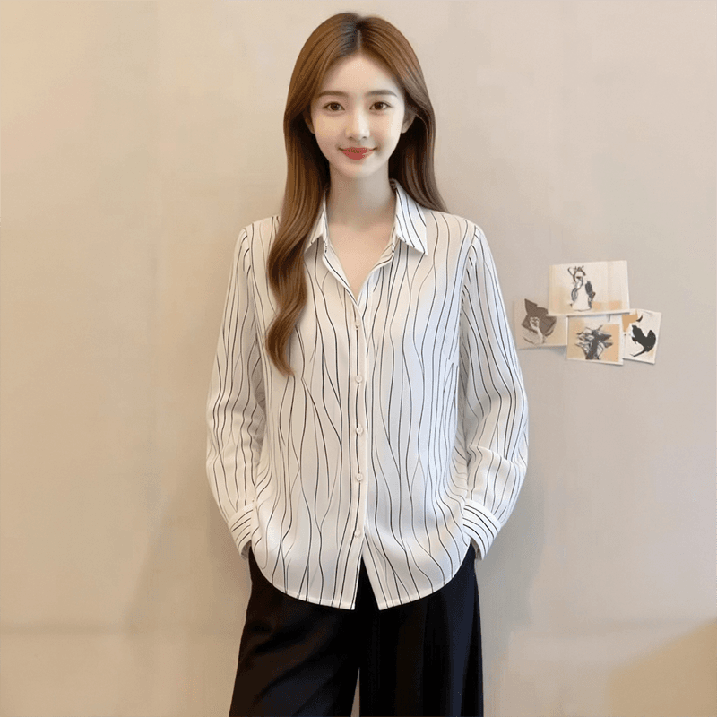 프랑스식 아름다운 우아함 바람 화이트 프린트 폴로 칼라 긴팔 여성 셔츠 봄 가을 새로운 외국 가스 출퇴근 표지 고기 셔츠 이미지 3