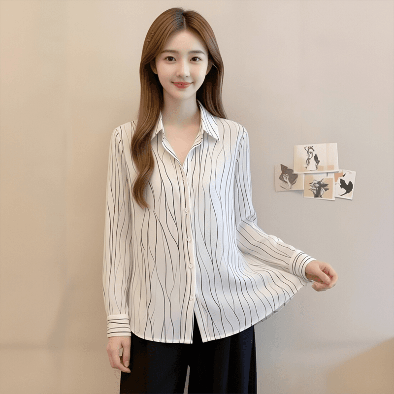 프랑스식 아름다운 우아함 바람 화이트 프린트 폴로 칼라 긴팔 여성 셔츠 봄 가을 새로운 외국 가스 출퇴근 표지 고기 셔츠
