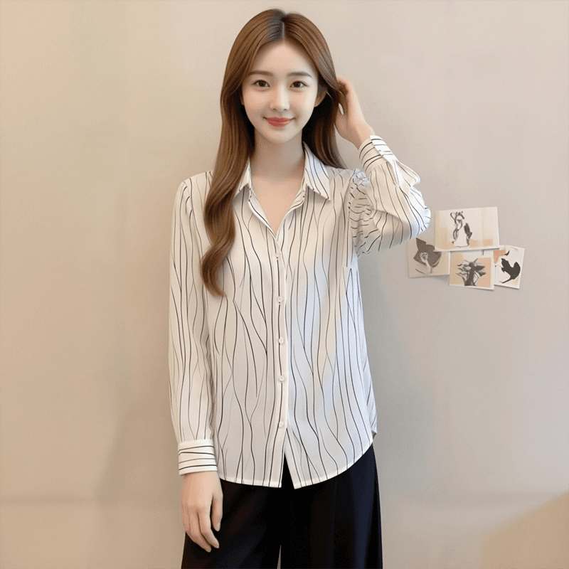프랑스식 아름다운 우아함 바람 화이트 프린트 폴로 칼라 긴팔 여성 셔츠 봄 가을 새로운 외국 가스 출퇴근 표지 고기 셔츠 상세 이미지 2