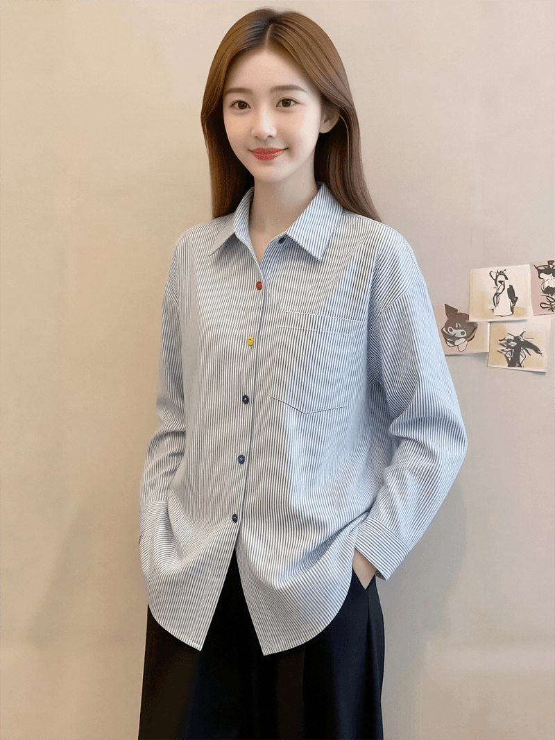 레트로 마 오래된 블루 화이트 스트라이프 긴팔 여성 셔츠 2025 디자인 센스 색상 버클 폴로 칼라 셔츠 상세 이미지 2