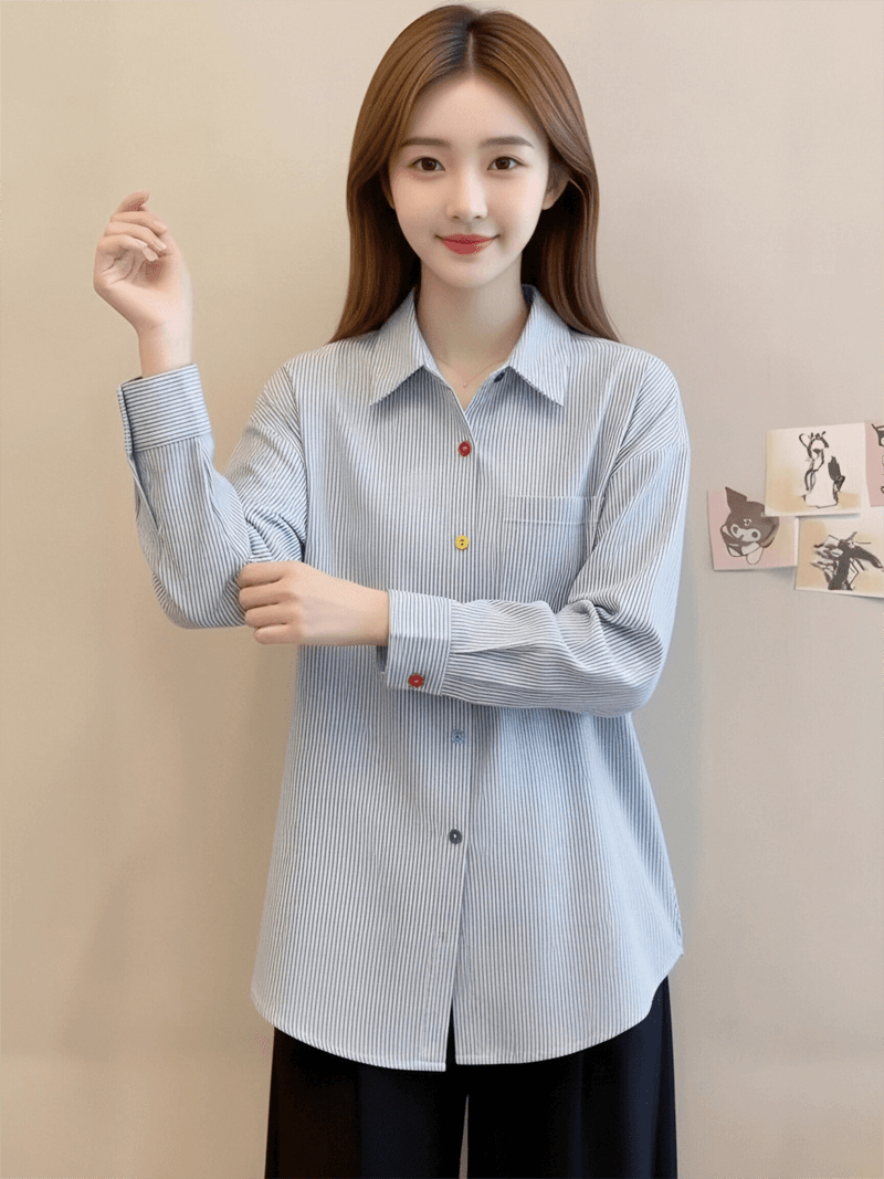 레트로 마 오래된 블루 화이트 스트라이프 긴팔 여성 셔츠 2025 디자인 센스 색상 버클 폴로 칼라 셔츠 상세 이미지 3