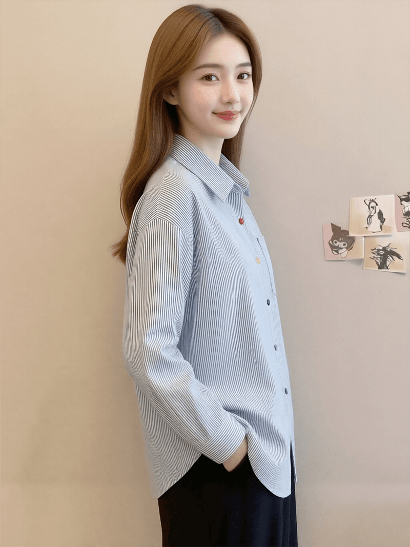 레트로 마 오래된 블루 화이트 스트라이프 긴팔 여성 셔츠 2025 디자인 센스 색상 버클 폴로 칼라 셔츠 상세 이미지 4