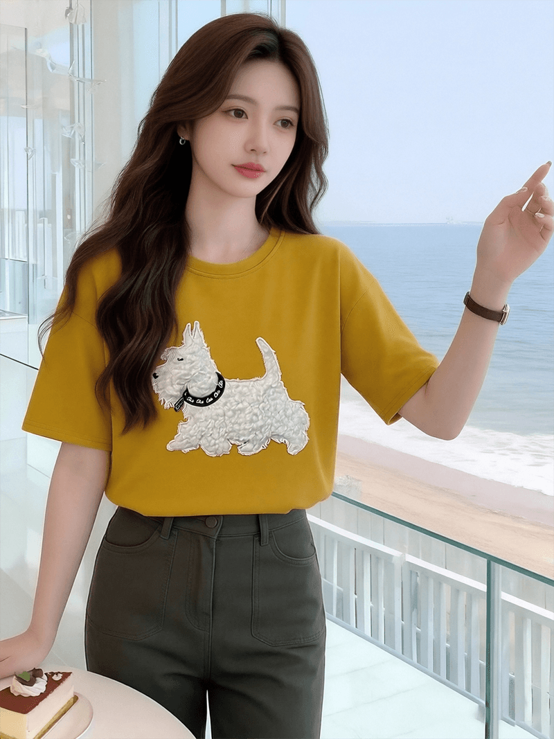 플리스 강아지 자수 반팔 티셔츠 여성 2026 새로운 여름 레트로 느긋한 바람 고급 센스 루즈핏 맨위 트렌디 이미지 3