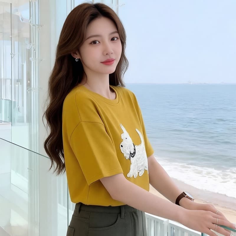 플리스 강아지 자수 반팔 티셔츠 여성 2026 새로운 여름 레트로 느긋한 바람 고급 센스 루즈핏 맨위 트렌디 이미지 6