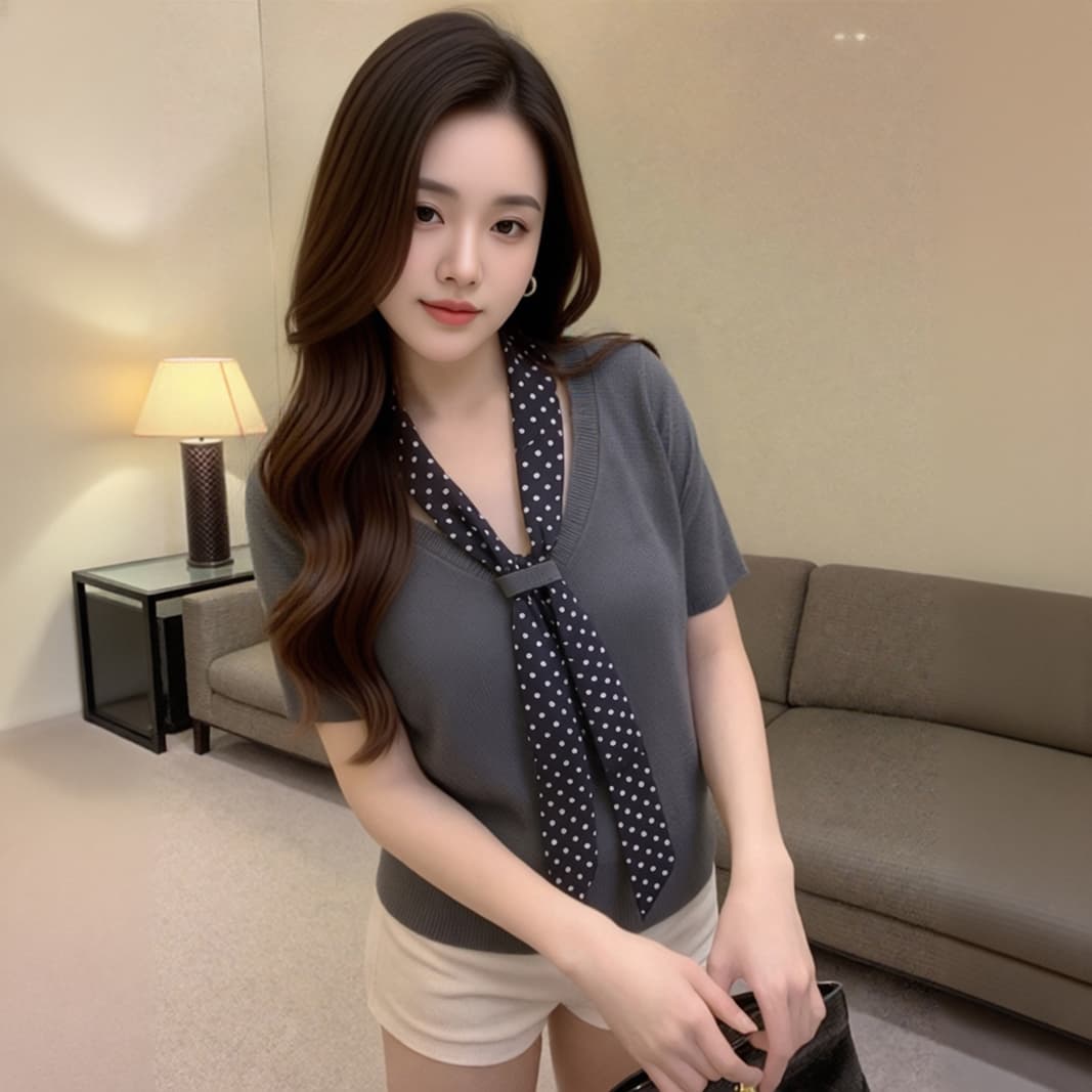 회색 긍정적 인 어깨 반팔 티셔츠 여성 2026 여름 새로운 디자인 센스 리본 스카프 출퇴근 라운드 넥 슬림해 보이는 맨위 상세 이미지 7