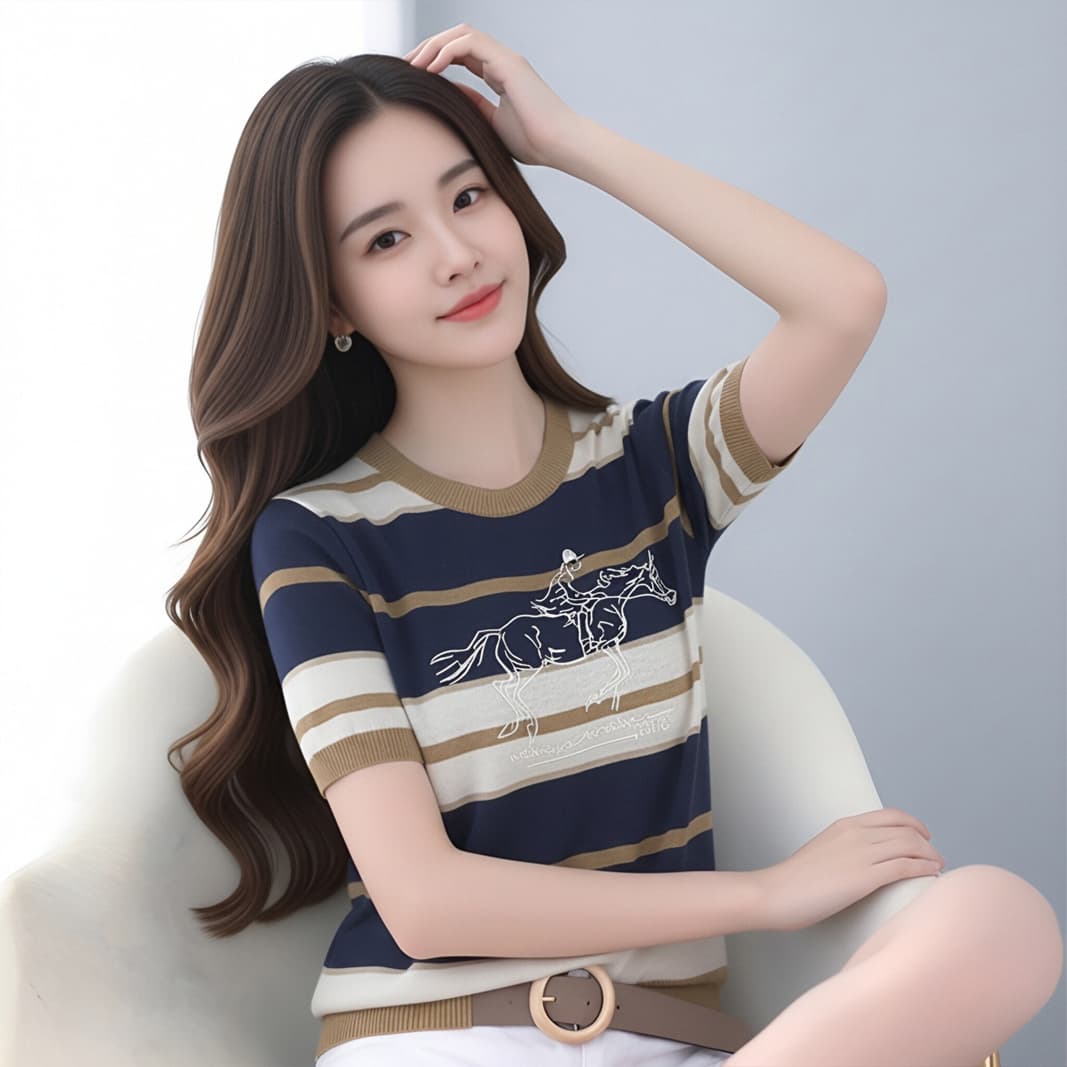 2026 여름 새로운 배색 스트라이프 니트 반팔 여성 말 프린트 라운드 넥 다용도 슬림해 보이는 상세 이미지 10