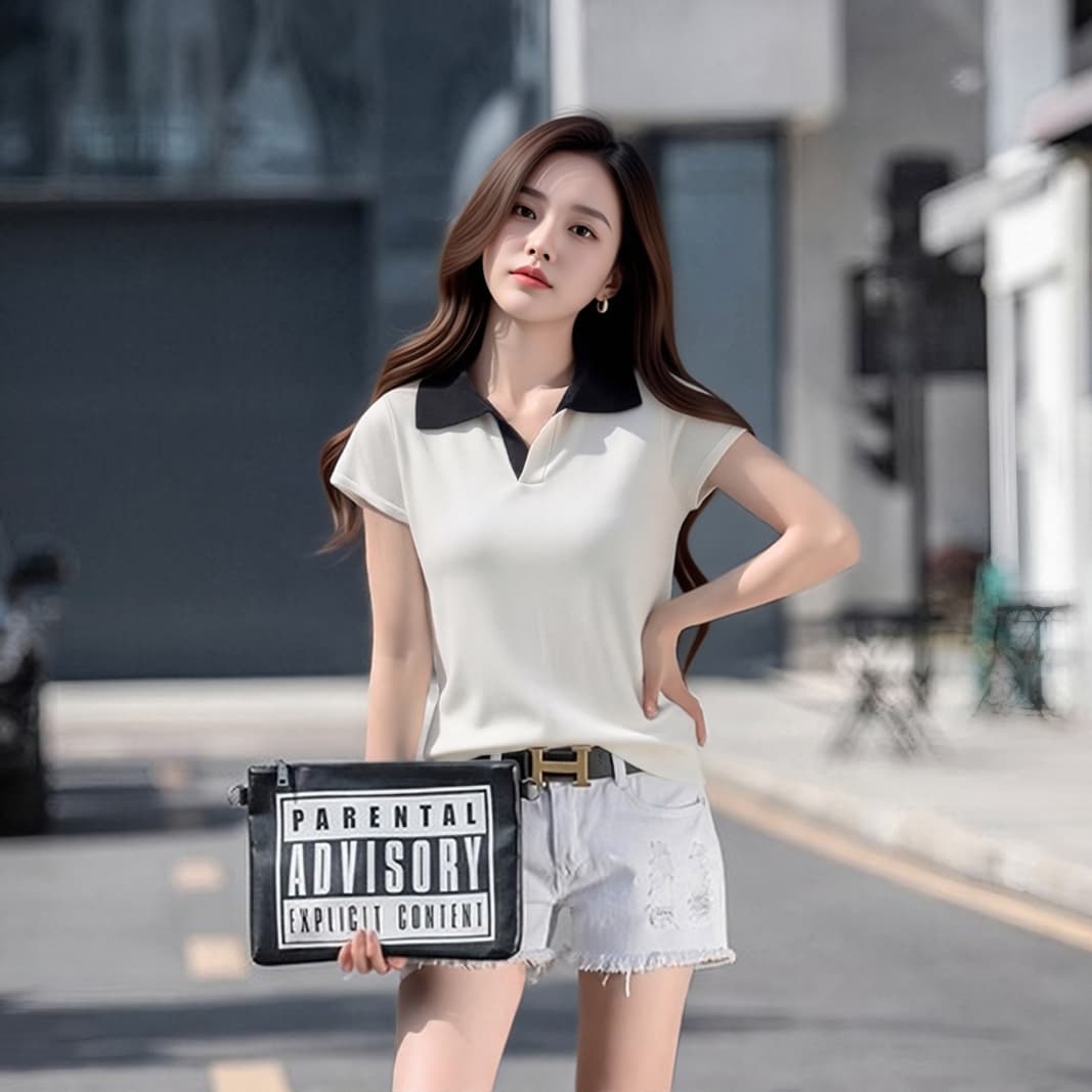 한 부서 출퇴근 바람 배색 POLO 칼라 얼음 실크 니트 반팔 여성 여름 프랑스식 캐주얼 다용도 루즈핏 일상 맨위 이미지 4