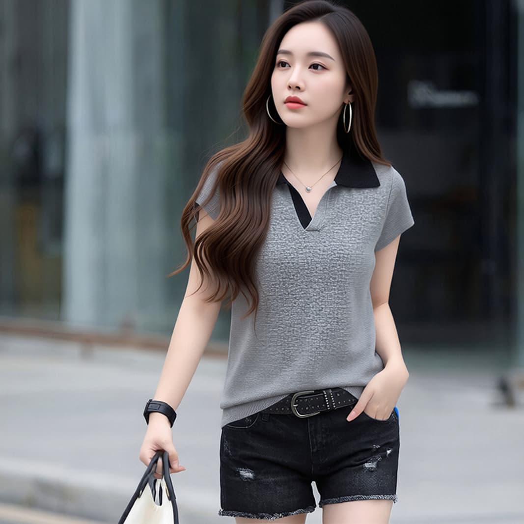 한 부서 출퇴근 바람 배색 POLO 칼라 얼음 실크 니트 반팔 여성 여름 프랑스식 캐주얼 다용도 루즈핏 일상 맨위 이미지 5