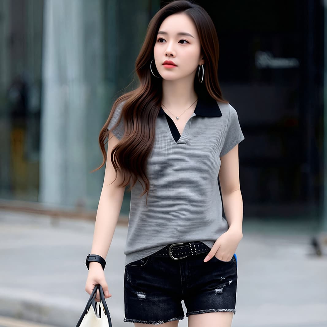 한 부서 출퇴근 바람 배색 POLO 칼라 얼음 실크 니트 반팔 여성 여름 프랑스식 캐주얼 다용도 루즈핏 일상 맨위 상세 이미지 14