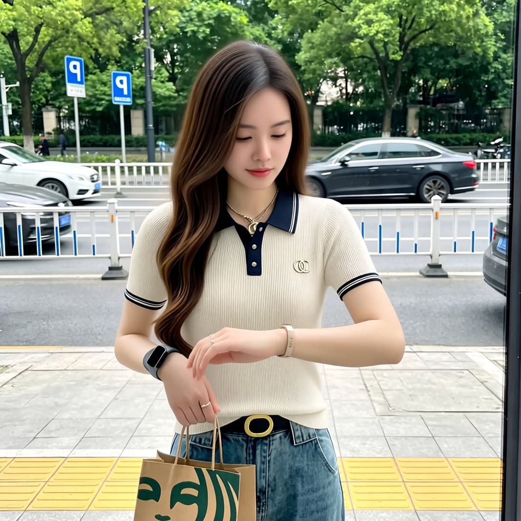 2026 새로운 배색 POLO 칼라 자수 니트 반팔 여성 다용도 슬림해 보이는 빛 럭셔리 캐주얼 다용도 외국 가스 맨위 이미지 5