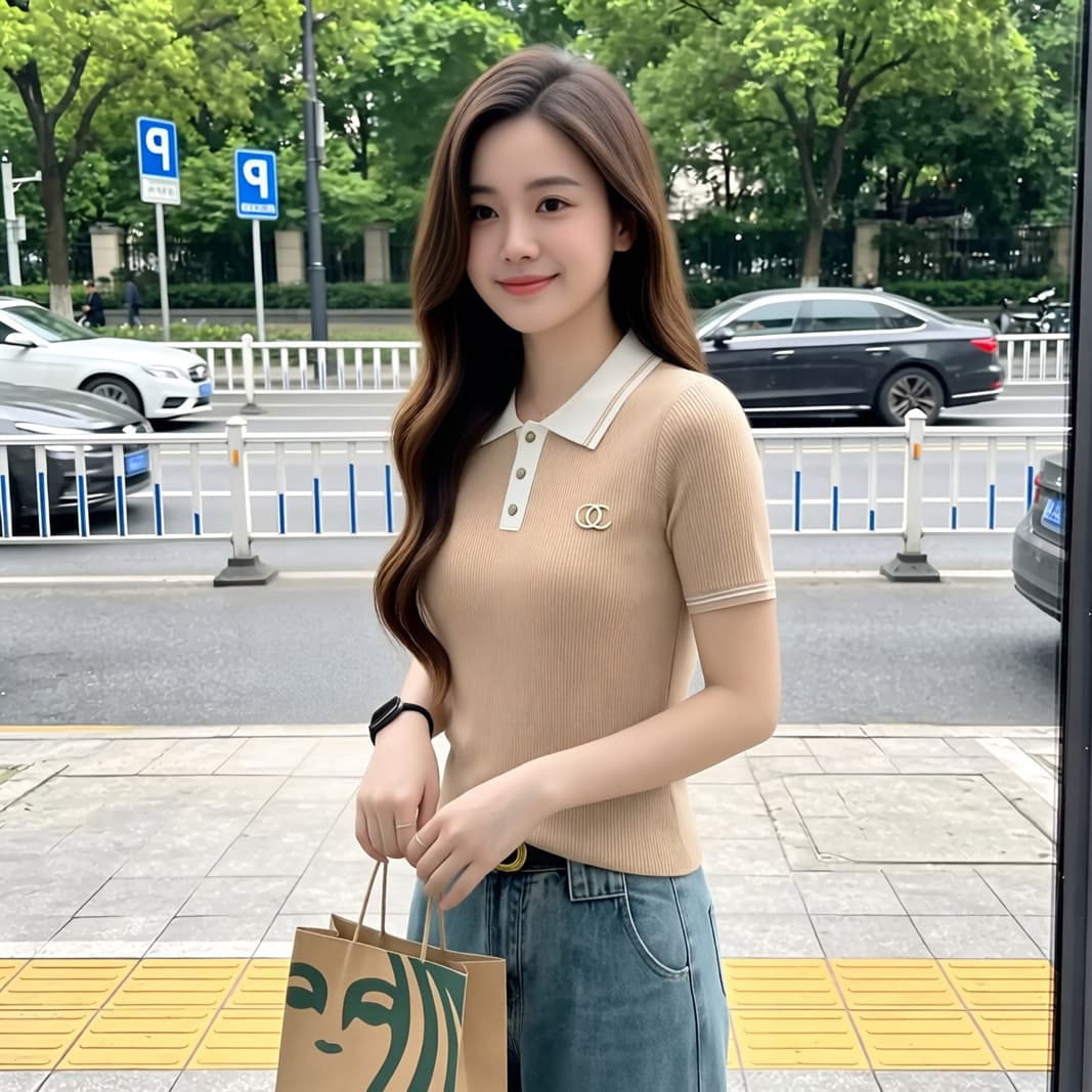 2026 새로운 배색 POLO 칼라 자수 니트 반팔 여성 다용도 슬림해 보이는 빛 럭셔리 캐주얼 다용도 외국 가스 맨위 이미지 2