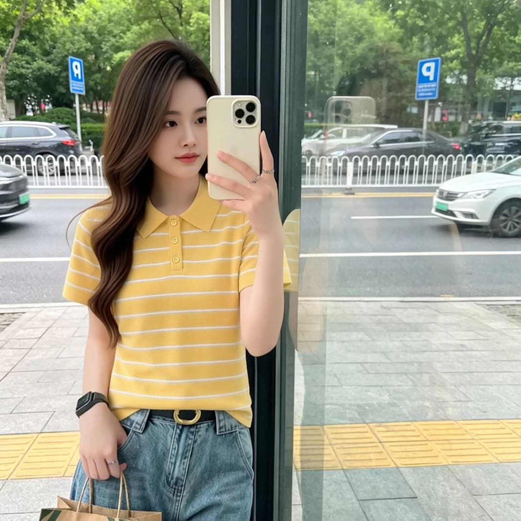 패션 폴로 칼라 스트라이프 패치워크 반팔 니트 스웨터 여성 2026 여름 새로운 세련된 연령 감소 다용도 품격 작은 셔츠 상세 이미지 8